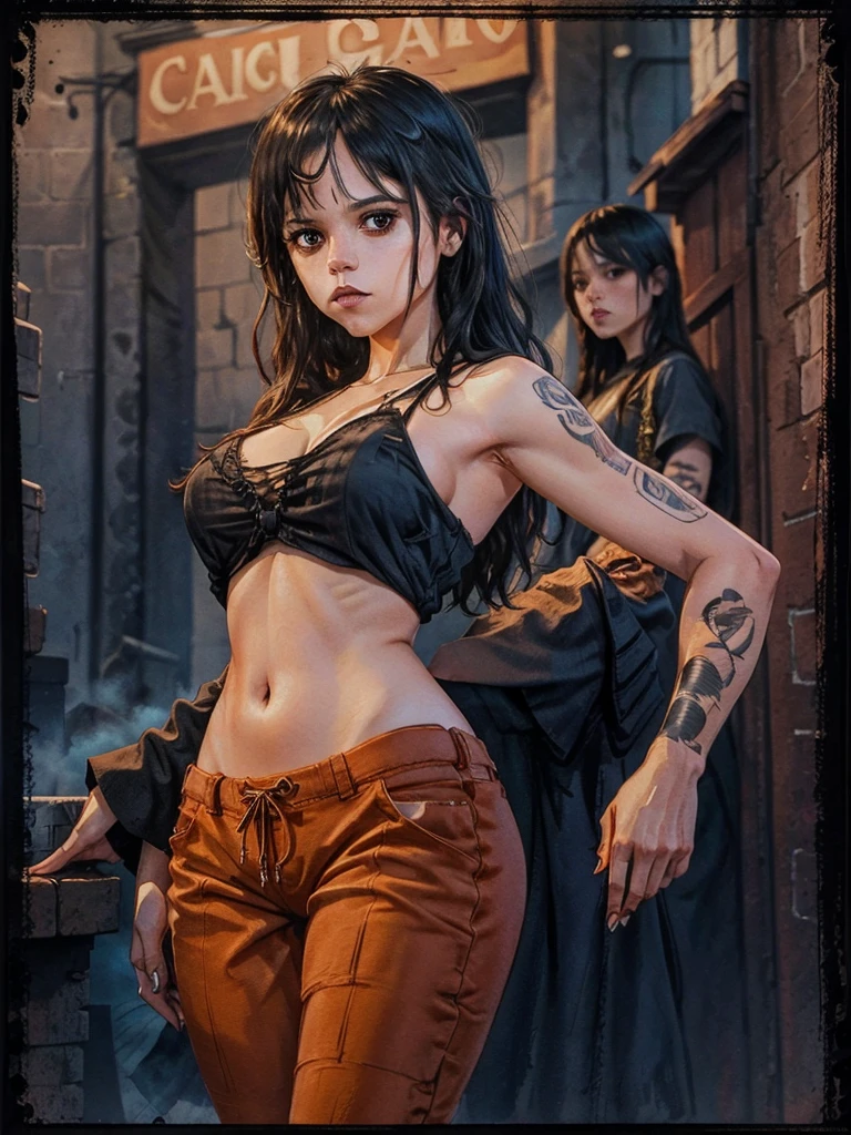 Beautiful portrait of jnortg,long hair, blach hair, thin and athletic, small breasts, in a gothic composition with skulls and prison jail, iron, cuffed, ink and watercolor, movie poster, vampire movie, wearing orange pants, topless, high resolution, many details, perfect anatomy,  watercolor painting, erect nipples, blue veins, affraid, look behind her shoulder