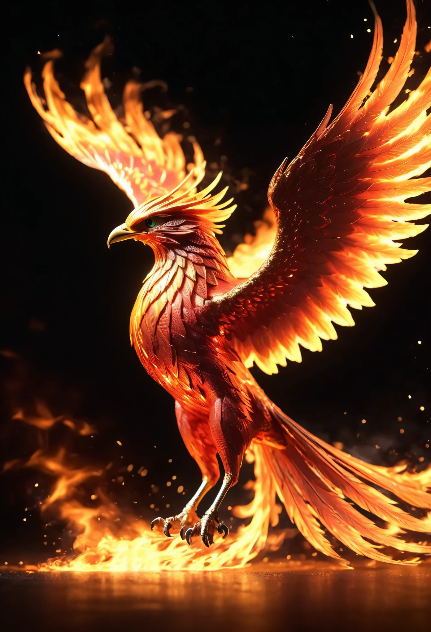 Phoenix、Firebird、Phoenix、Spreading my wings in the midst of the blazing flames、god々Shii、flame、Black Background、masterpiece:1.2、Ultra-high resolution、Detailed illustration、Cinema Lighting、Carefully drawn, Sparks fly, Soft Focus, Cinema Lighting, Exquisite detail