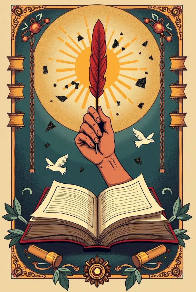 An illustration that connects with the theme "wikang magpalaya" with a book, the Philippine flag, dove, a hand holding a feather pen with shards of chain around it representing that it broke free from the chains, and some scrolls, make it cultural.
