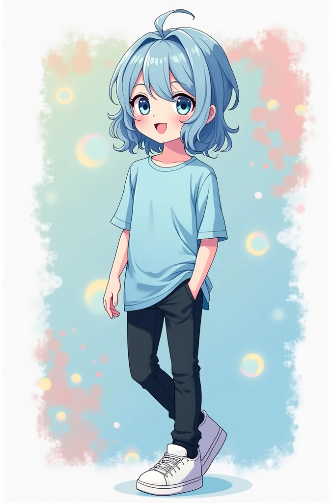 Anime cute girl light blue t-shirt black pant white sneakers wavy hair blue eyes