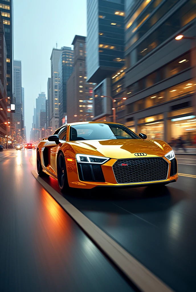 Create a photo of a 2017 golden crome audi r8 , with a background of buildings and speeding fast, side view