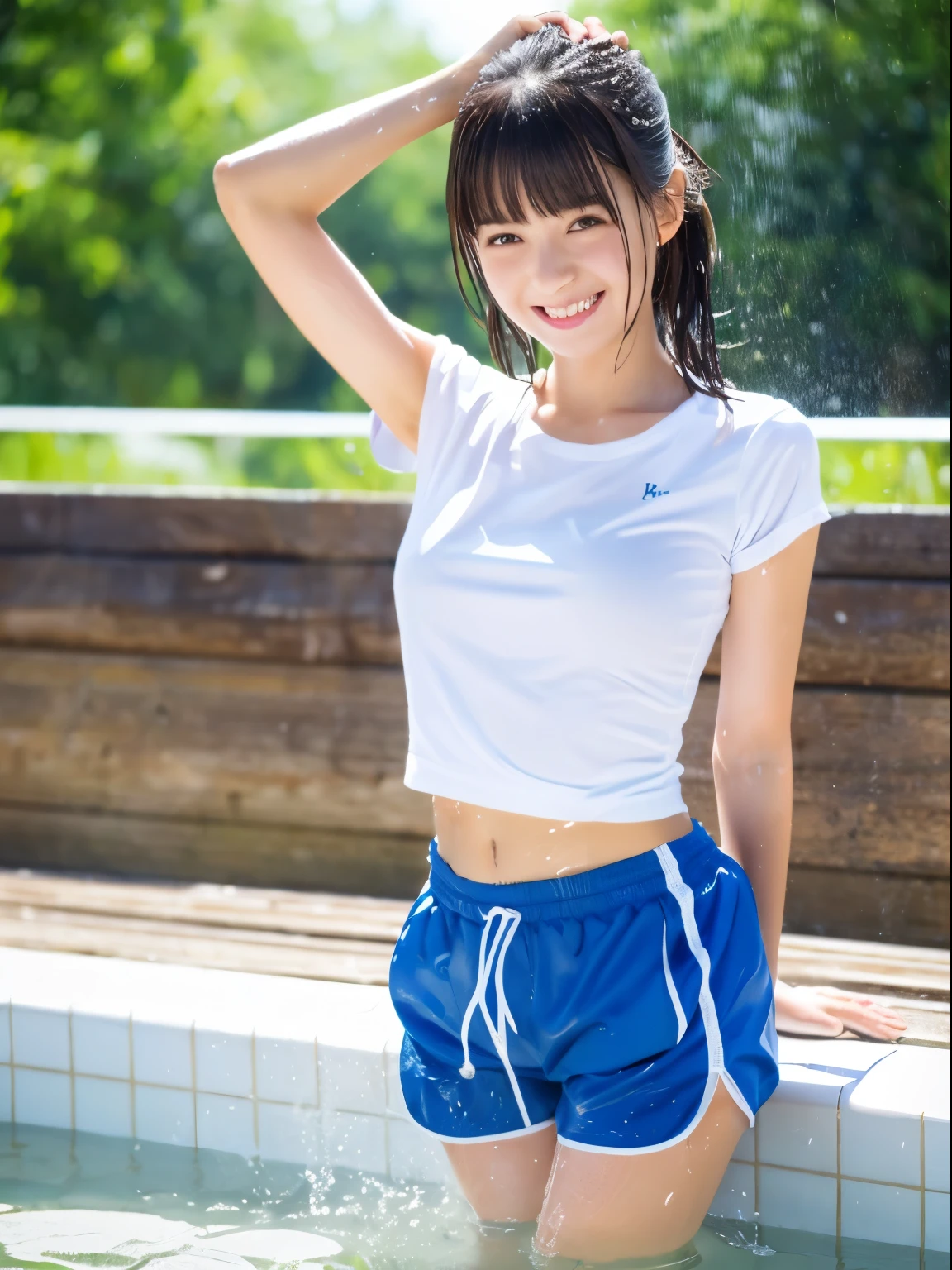 (8k, Top quality, Masterpiece:1.2), (Realistic, photo-realistic:1.37), Super detailed, perfect anatomy, cute, small eyes, 1, a Japanese, girl, shorts, take a shower, splash of water, wet hair, sweat body, smile,