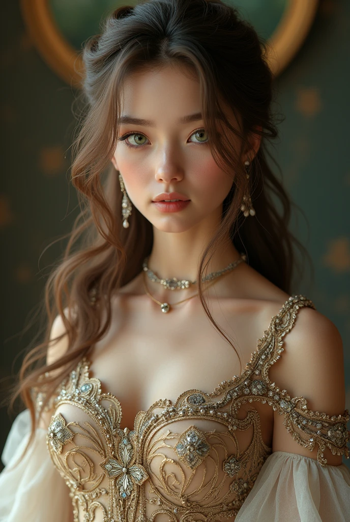 (8k, RAW photo, best quality, masterpiece:1.2), (realistic, photo-realistic:1.37),1girl, dress, green eyes, long hair, ultra detail cloth, beautiful decoration on dress,