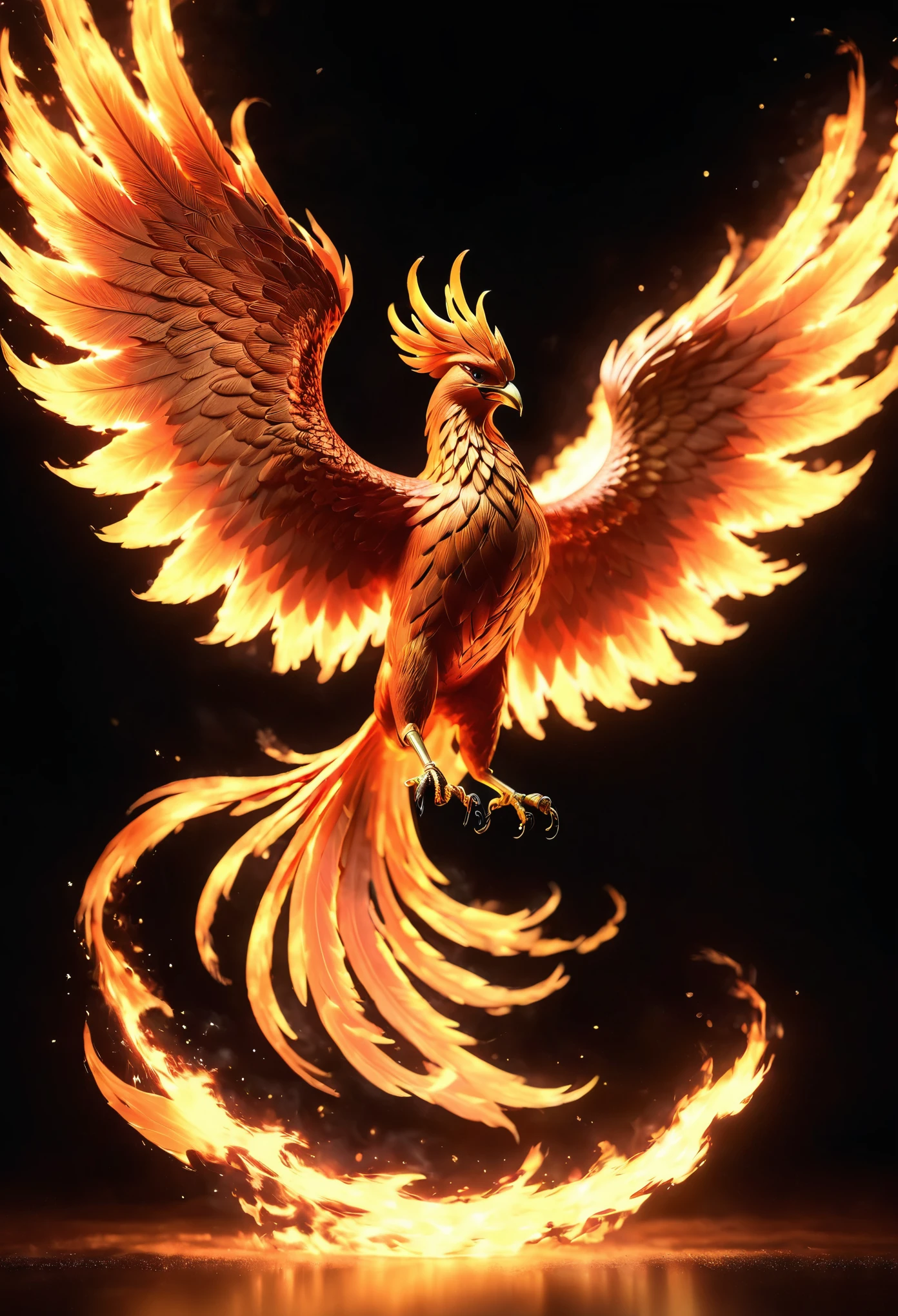 Phoenix、Firebird、Phoenix、Spreading my wings in the midst of the blazing flames、god々Shii、flame、Black Background、masterpiece:1.2、Ultra-high resolution、Detailed illustration、Cinema Lighting、Carefully drawn, Sparks fly, Soft Focus, Cinema Lighting, Exquisite detail