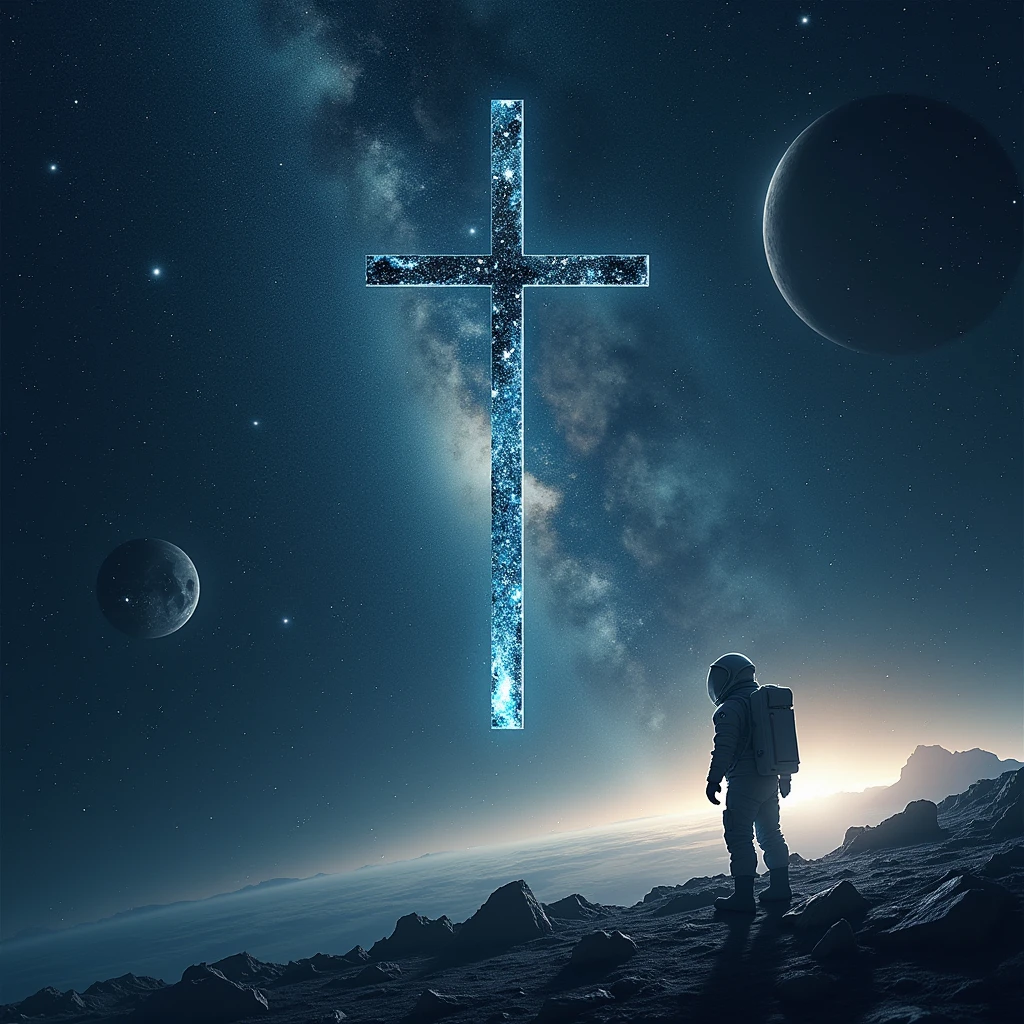 A cross, in outer space, constellations, stars , planets , an astronaut