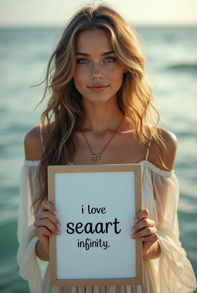 Beautiful girl with wavy long hair, bohemian dress, holding a white board with text "I Love Seaart Infinity" and showing it to the viewer