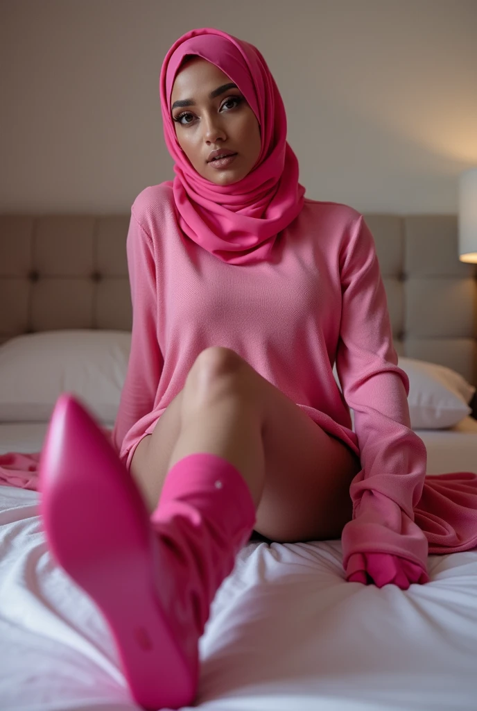 ((best quality)),pink hijab, leggings, long legs, sexy pose, pink high boots, g-string, feets to the camera, pointing feets to camera, domina pose, sitting on the bed