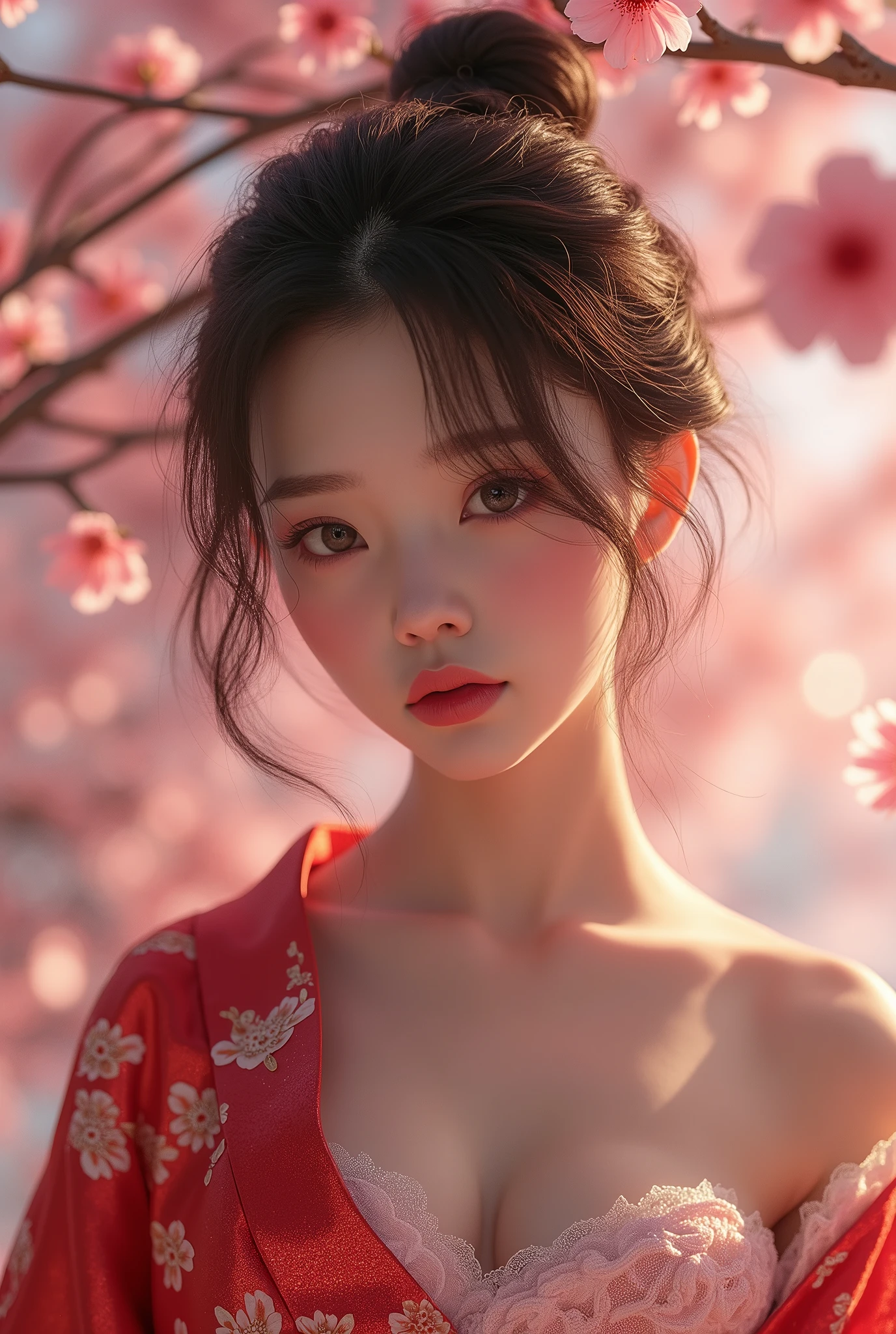 (masterpiece,Highest quality:1.4),(8k,RAW Photos,Photorealistic:1.4),Ultra-high resolution, ,(Glowing Skin:1.4),Detailed肌,Detailed顔,Detailed目,(Beautiful and shining eyes:1.2),Symmetrical eyes,Detailed耳,One person,Natural Makeup,(((Idol))),,Detailed背景,Vivid background,Beautiful and shiny hair,,((Average age breasts)),,(Detailed Sexy Kimono,Realistic beautiful teeny Neon,mysterious,whole body),,((Sharp Face)),Natural light,,(Very detailed ,,online shopping,LUMINE® Market,),Cleavage,Background of fluttering cherry blossom petals,Professional,(Detailed,Location was great.),