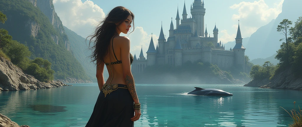 une femme sexy en tenue , un château en fond avec cerbères, un jolie lac une baleine dedans
