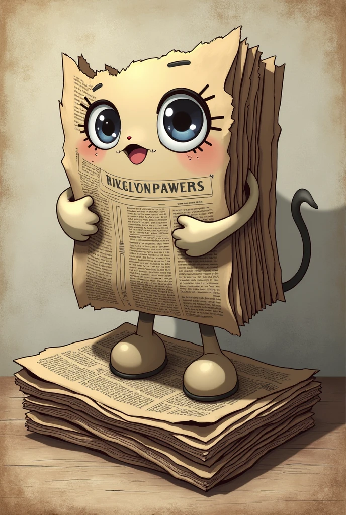 Create me an old ripped newspaper and a vintage old newspaper underneath it. Make it animefied