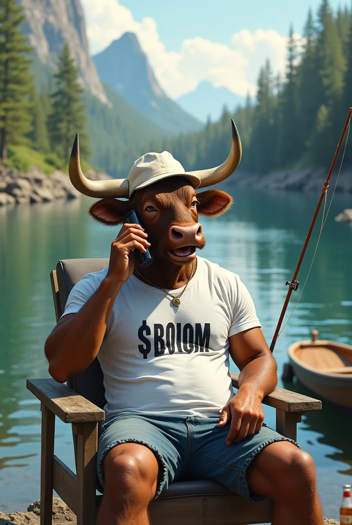 Make that bull laughing more, wearing white t-shirt, with his fishing rod, well defined:1.3, sitting on a chair by a river, holding a fishing rod, drinking a beer, wearing a clearwhite hat, word $BOOM in t-shirt, speaking with his mobile phone, boat nearby, surrounded by a forest and rocks, extremely detailed, funny, satirical surreal scene,