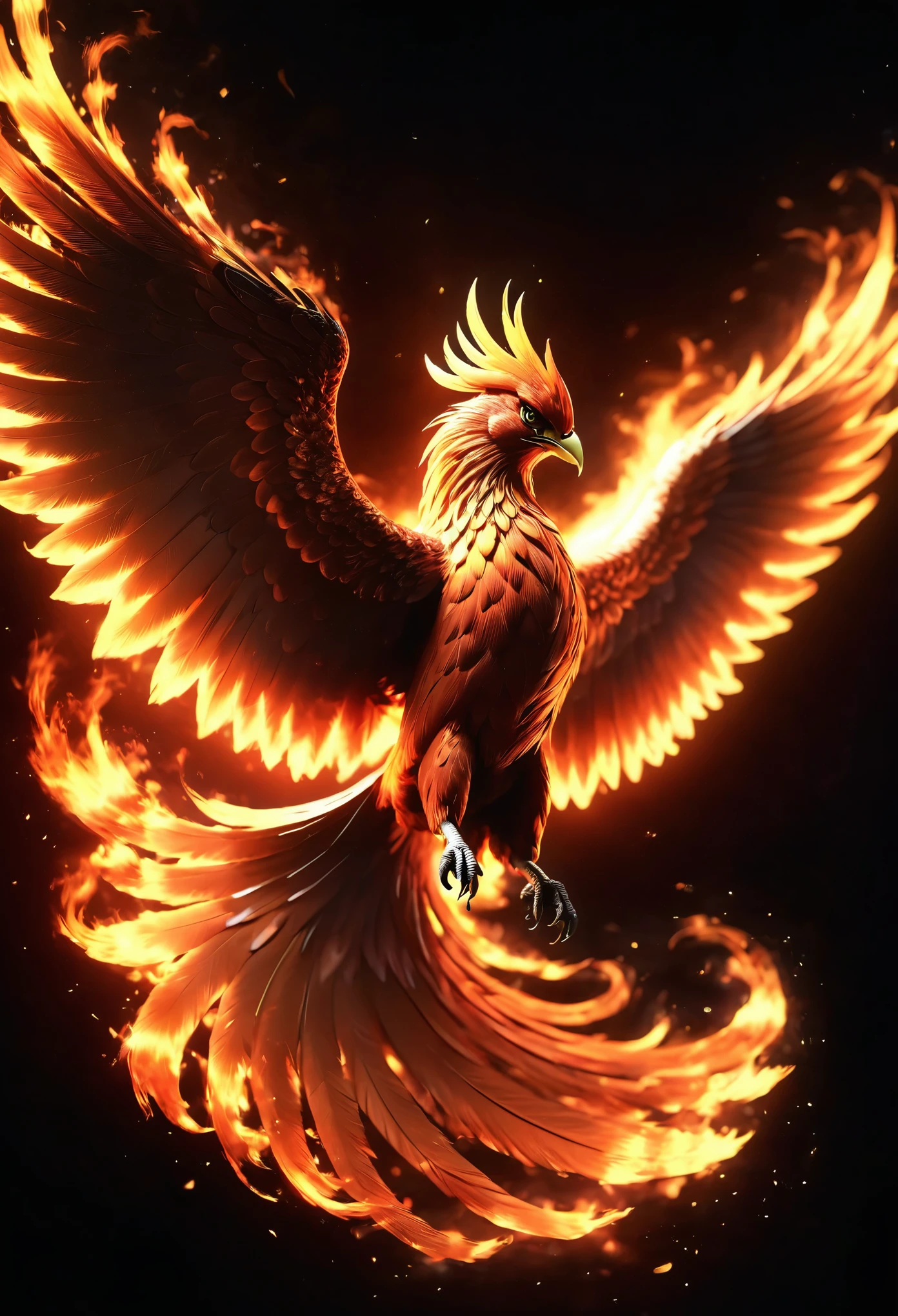 Phoenix、Firebird、Phoenix、Spreading my wings in the midst of the blazing flames、god々Shii、flame、Black Background、masterpiece:1.2、Ultra-high resolution、Detailed illustration、Cinema Lighting、Carefully drawn, Sparks fly, Soft Focus, Cinema Lighting, Exquisite detail