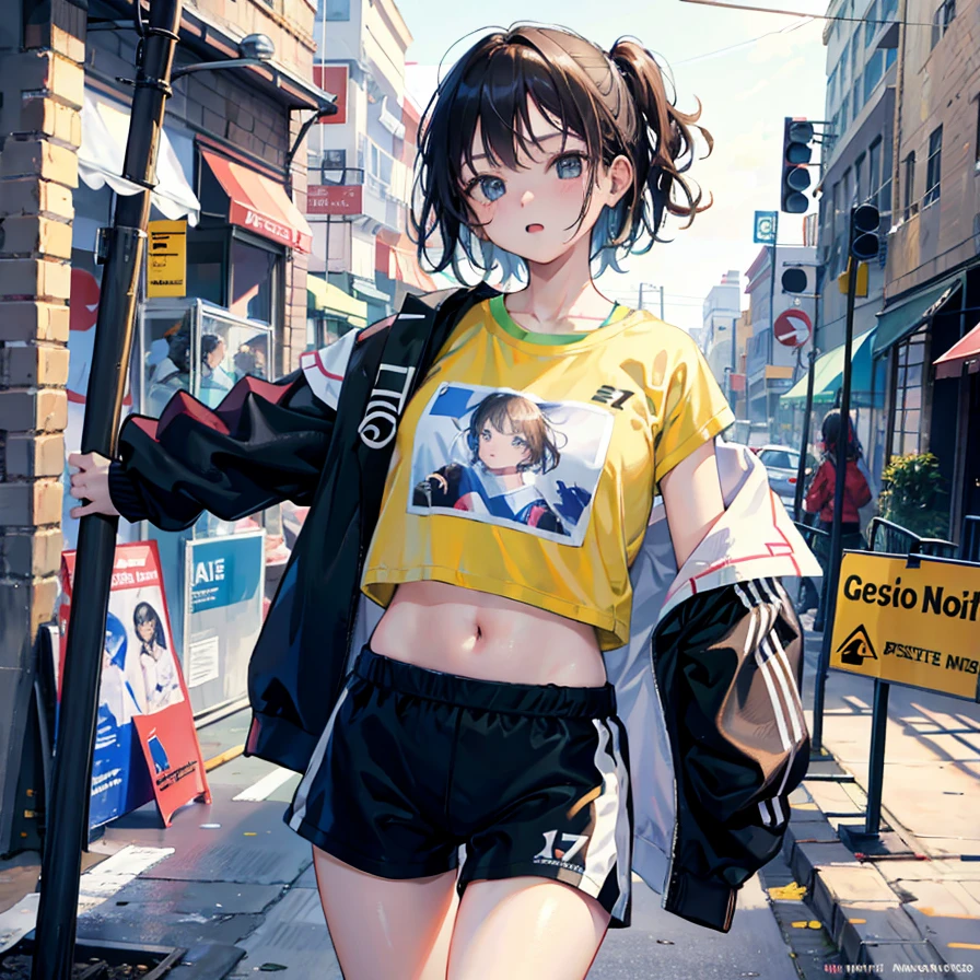 (Realistic painting style:1.0), Masterpiece, Best quality, absurderes, comic strip, illustration,
1 girl, Medium hair, Cute girl, young and cute girl, Korean girl, {Breasts}, Width 17,
A girl in a white shirt and black shorts, Wearing track suit, croptop, trending on r/Street attire, She is seen wearing streetwear pieces, Wearing track suit, Sportswear,