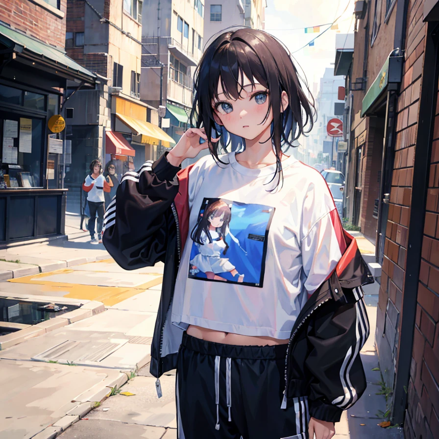 (Realistic painting style:1.0), Masterpiece, Best quality, absurderes, comic strip, illustration,
1 girl, Medium hair, Cute girl, young and cute girl, Korean girl, {Breasts}, Width 17,
A girl in a white shirt and black shorts, Wearing track suit, croptop, trending on r/Street attire, She is seen wearing streetwear pieces, Wearing track suit, Sportswear,