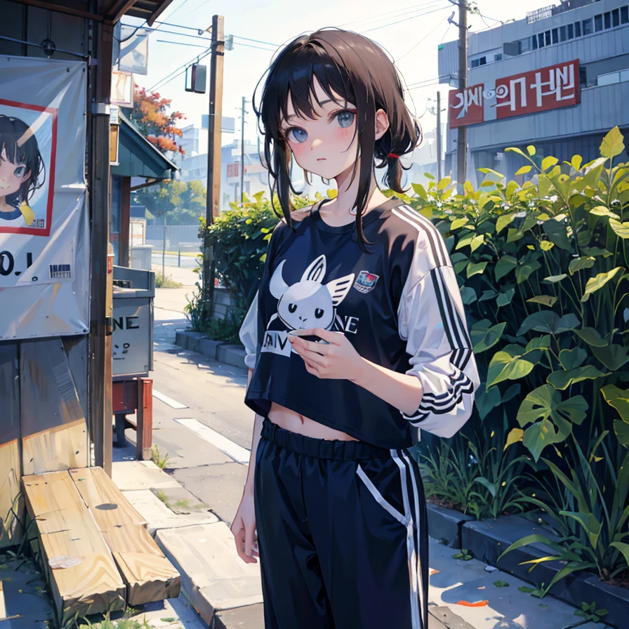 (Realistic painting style:1.0), Masterpiece, Best quality, absurderes, comic strip, illustration,
1 girl, Medium hair, Cute girl, young and cute girl, Korean girl, {Breasts}, Width 17, 
A girl in a white shirt and black shorts, Wearing track suit, croptop, trending on r/Street attire, She is seen wearing streetwear pieces, Wearing track suit, Sportswear,