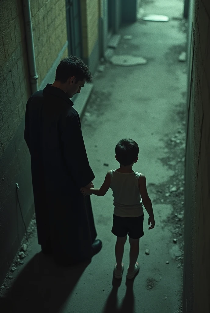 Create an image where you can see an image taken by a security camera (from above) in the 90s in an alley to a Colombian man (similar to Luis Alfredo Garavito) 4 (scrawny and tall) Dirty appearance, disguised as a priest (with short black hair ) holding a child's hand. Both must be with their backs turned without their faces being seen.