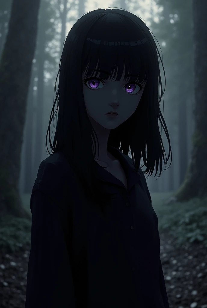 Let it be like a book cover where only the silhouette of a age girl can be seen., dark brown straight hair, Dark skin and purple eyes look a little dark