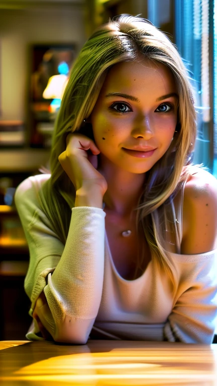 (ultrahd), (realistic), (real skin texture), (soft light), (cinematic light), a blonde woman wear an oversized one-shoulder sweater, sit on her table, seductive smile, pose,