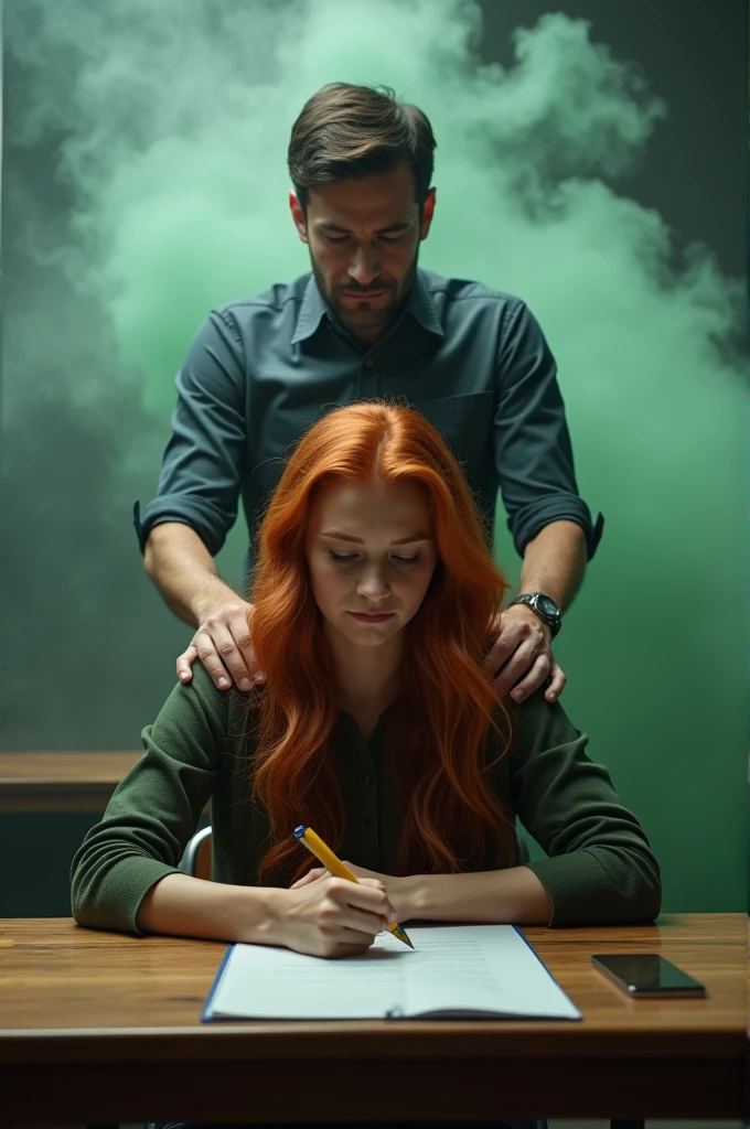 Photo réelle.
Dans une salle de classe avec de la fumer artificielle verte et grise se trouve un professeur et son eleve pendant un cours particulier.
étudiante: elle a les cheveux roux, longs et ondulés, assise à un bureau, entrain d ecrire la tête baissée.
Derrière elle, son enseignant, qui a un teint bronzé et des cheveux noirs courts, a ses mains posées sur les épaules de l etudiante , affichant un visage satisfait, indiquant qu'il a le contrôle de la situation.