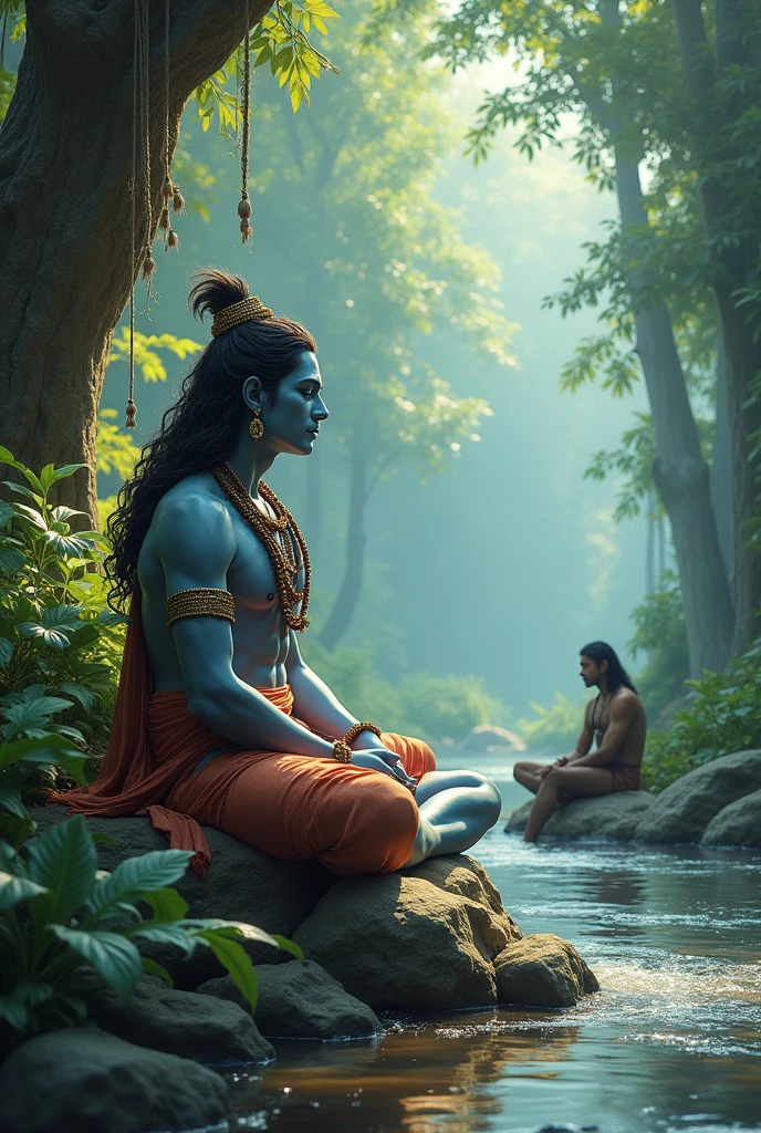 Mahadev sitting meditation with front side bajrang bali sitting river side Jungle
