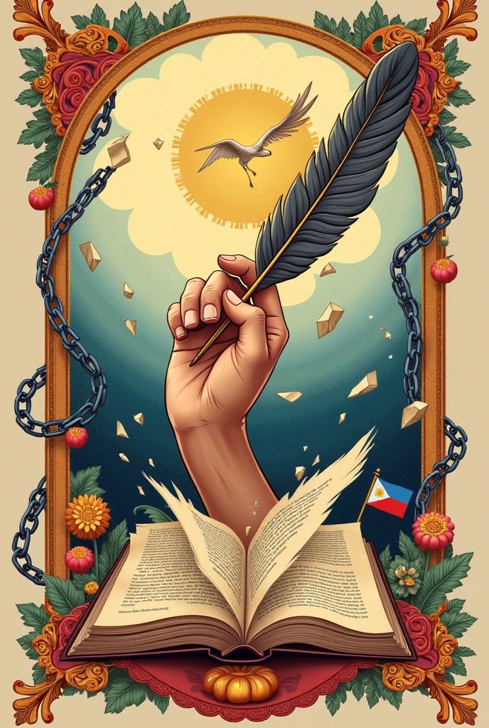 An illustration that connects with the theme "wikang magpalaya" with a book, the Philippine flag, dove, a hand holding a feather pen with shards of chain around it representing that it broke free from the chains, and some scrolls, make it cultural.
