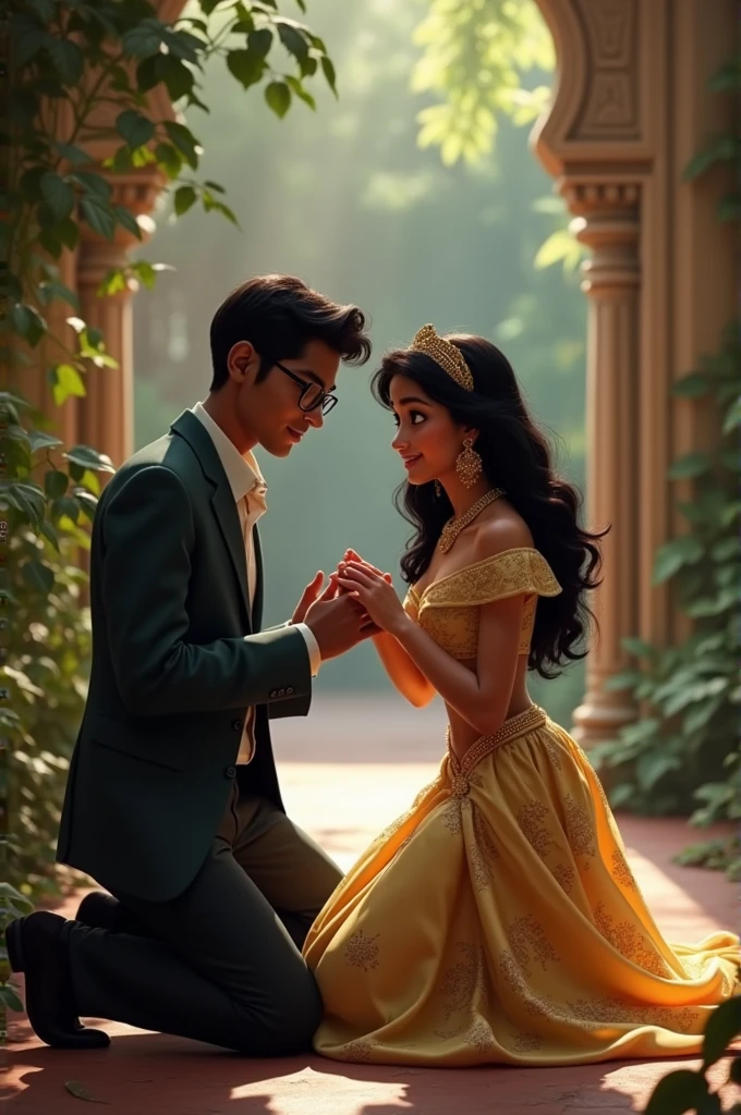 a guy with formal clothes dusky skin bit healthy and glasses proposing disney princess jasmine