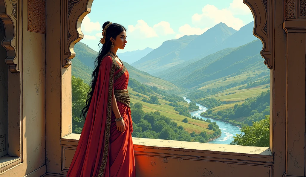 Gandhari, a beautiful and graceful young woman, standing by a window, looking out over Gandhara. In comic style