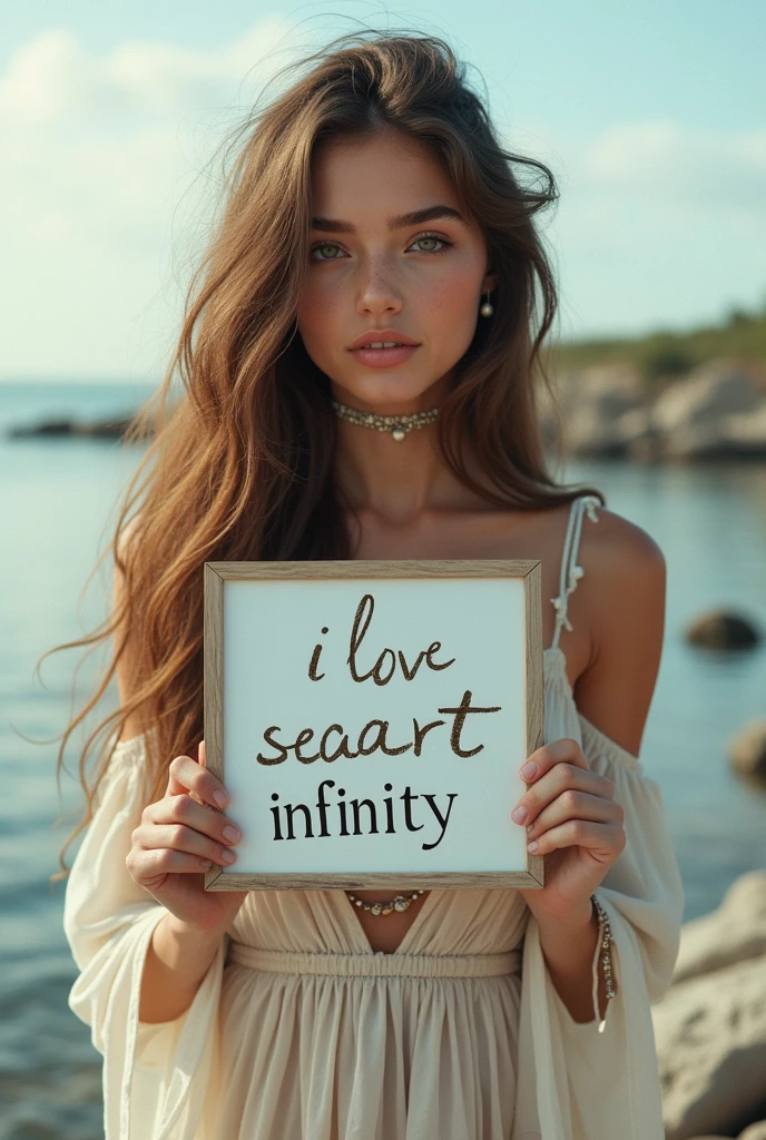 Beautiful girl with wavy long hair, bohemian dress, holding a white board with text "I Love Seaart Infinity" and showing it to the viewer