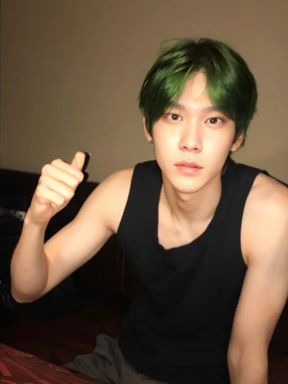 there is a young man with green hair sitting on a bed, green colored skin!!, jung jaehyun, kim doyoung, black haired yoongi, toru furuya, green skin!, colored photo, green colored skin, green hair, taejune kim, taken in the early 2020s, green mane, all from the group nct, green head