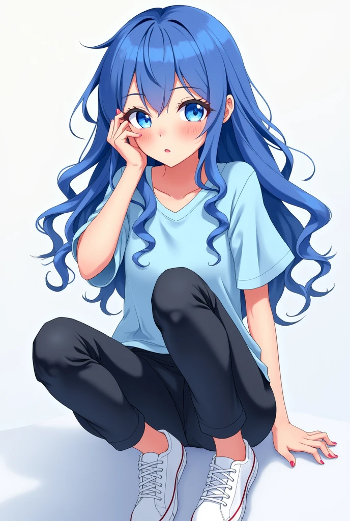 Anime girl light blue t-shirt black pant white sneakers wavy hair blue eyes