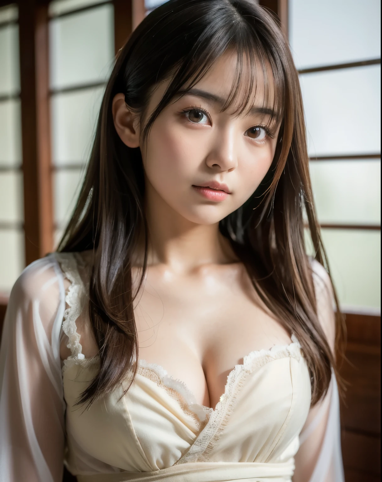 best quality, face focus, soft light, ultra high res, (photorealistic:1.4), RAW photo,
1japanese girl, solo, cute, (pupil, lights in the eyes),  detailed beautiful face, (small chest),(high resolution detail of human skin texture),
(long hair),
indoor,
Damask Shirt Dress,
(portrait)