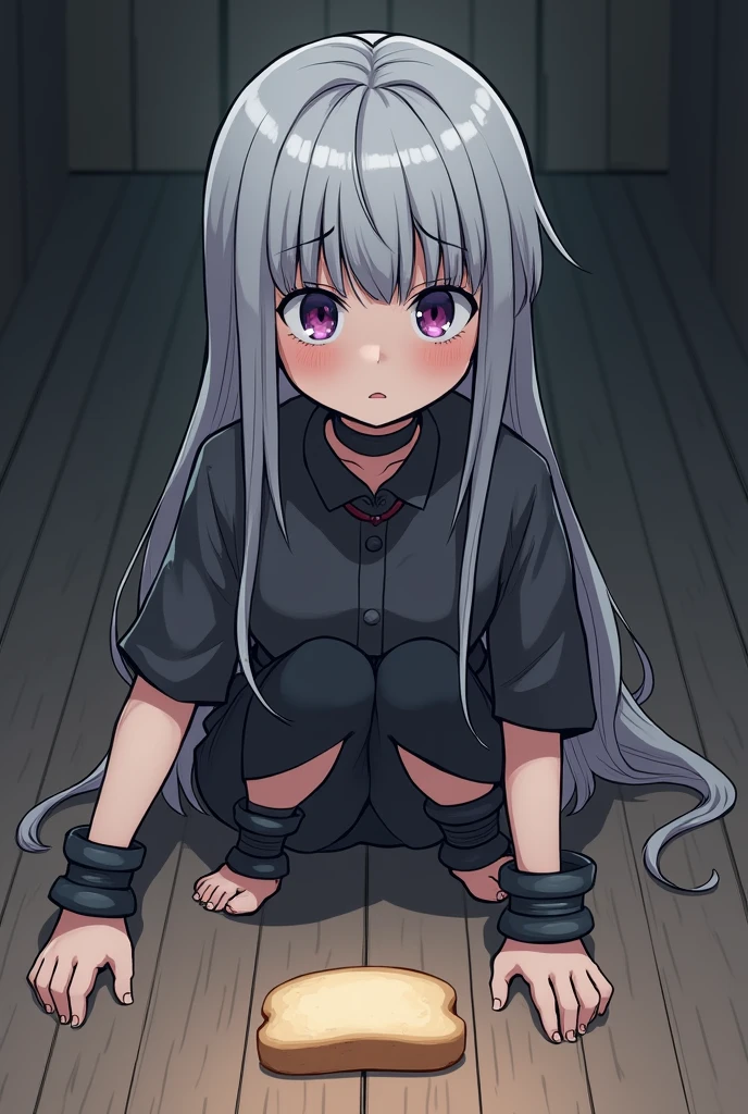 Webtoon style drawing of a  with silver hair and purple eyes in a slave collar, slave cuffs, and ankle cuffs looking down at bread on a wooden floor