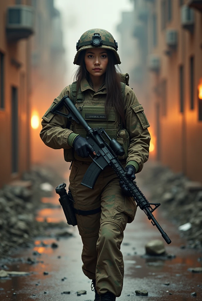 Photorealistic、Realistic skin texture、Automatic rifle、high resolution、High definition、Arabian-Japanese girl in camouflage uniform、Very beautiful 1 female soldier、Carrying a military backpack、Wearing a military helmet、Holding an M16 rifle、Wear a bulletproof vest、The background is a burning building、Smoke rising from the battlefield、A long corridor in a building、Full body angle、Walking towards here、Watching the audience、