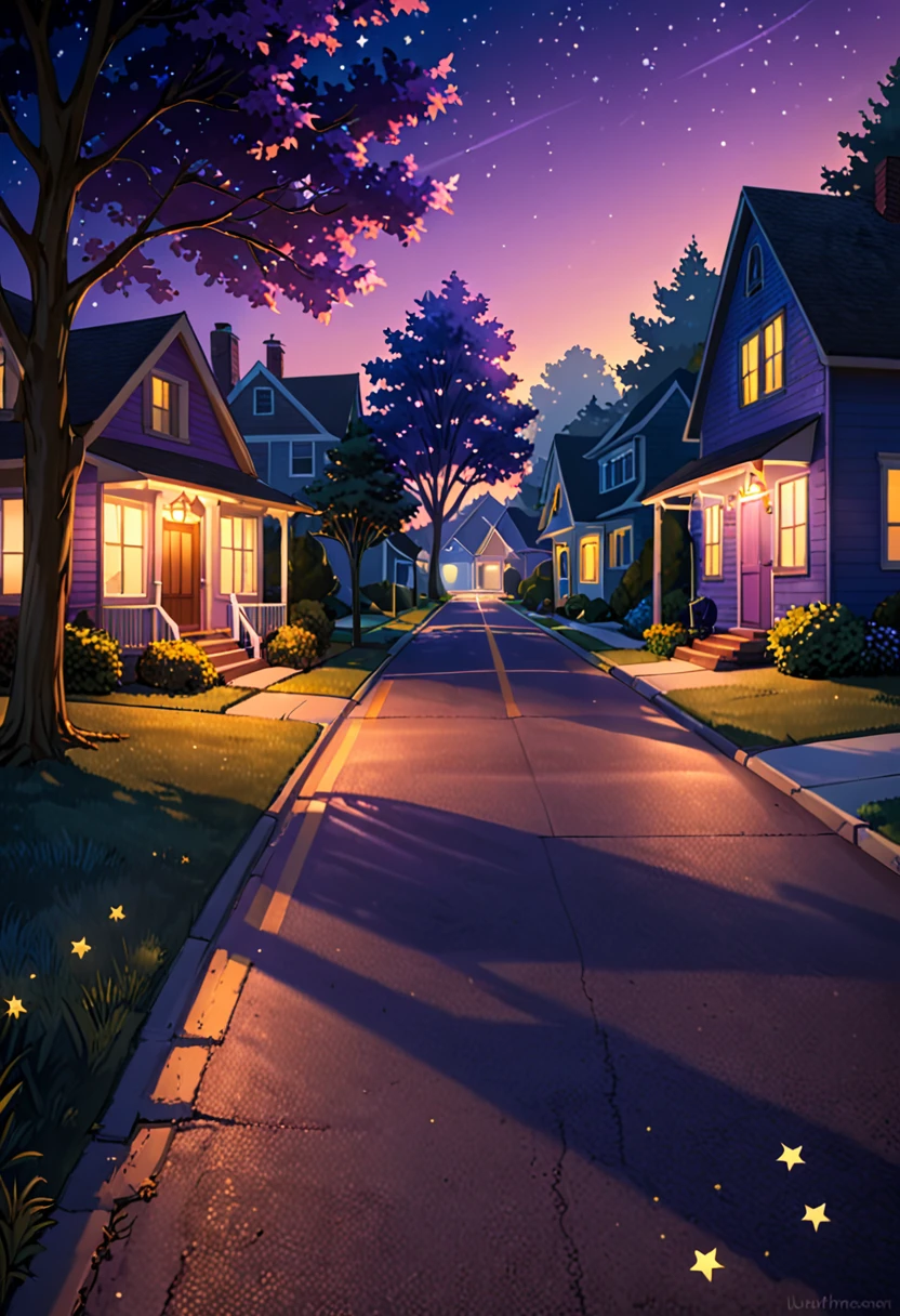 "An anime-style 4K wallpaper of a peaceful suburban neighborhood street at dusk. The scene features a vintage car parked in the driveway of a cozy house. Warm, golden lights glow softly from the house's windows, casting a welcoming aura. The sky above is a deepening twilight, transitioning from shades of purple to dark blue, with twinkling stars beginning to appear. Lush trees line the street, and shadows stretch gently across the pavement, creating a serene and nostalgic atmosphere."