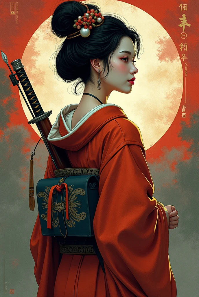 (Ultra-detailed face, looking away, Fantasy Illustration with Gothic, Ukiyo-e, Comic Art, Rich colors), BREAK (Japanese courtesan of the Heian period (794-1185), wearing a black eboshi (headgear), a pair of bracelets over the ears, a vermilion-embroidered robe with a hem of a gesho (undergarment) reaching from the waist to the ground, a hanabuto (half arm) visible under the collar, a belt with a hirago (a flat cord) around the waist, a ceremonial sword with an inlay on the belt, an arrow barrel on his back, an arrow in the barrel, a bow about his height, and a white thimble with a white thong and black leather shoes. He wears white thimble and black leather shoes.)