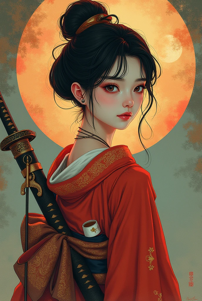 (Ultra-detailed face, looking away, Fantasy Illustration with Gothic, Ukiyo-e, Comic Art, Rich colors), BREAK (Japanese courtesan of the Heian period (794-1185), wearing a black eboshi (headgear), a pair of bracelets over the ears, a vermilion-embroidered robe with a hem of a gesho (undergarment) reaching from the waist to the ground, a hanabuto (half arm) visible under the collar, a belt with a hirago (a flat cord) around the waist, a ceremonial sword with an inlay on the belt, an arrow barrel on his back, an arrow in the barrel, a bow about his height, and a white thimble with a white thong and black leather shoes. He wears white thimble and black leather shoes.)
