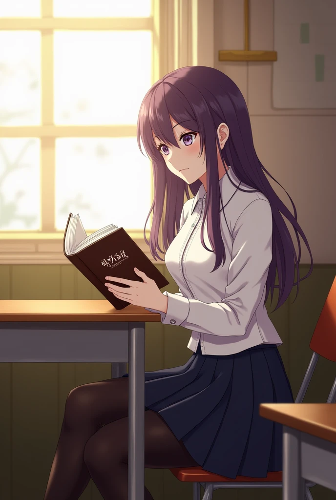 Yuri from Doki Doki Literature Club as a real person reading a book, yellow light from window of classroom, student clothes
