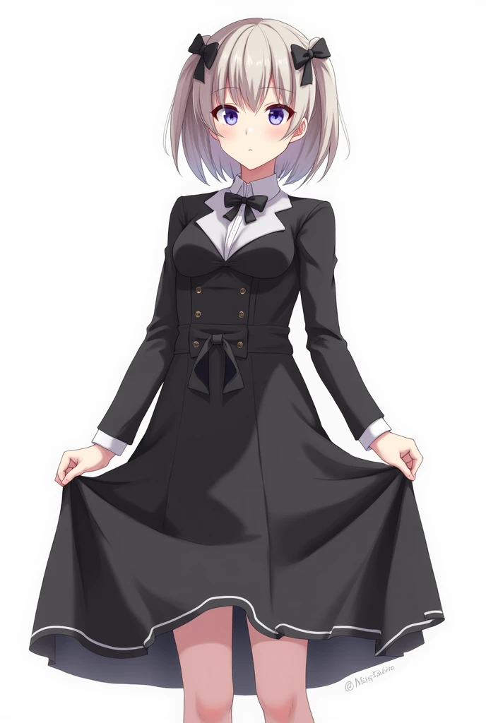 1girl, black formal dress, white background, Insert dildo under skirt、Female genitals、ディルドFemale genitalsに入ってる