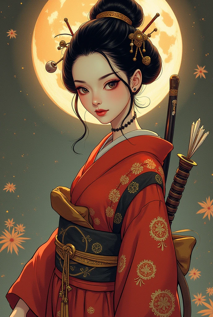 (Ultra-detailed face, looking away, Fantasy Illustration with Gothic, Ukiyo-e, Comic Art, Rich colors), BREAK (Japanese courtesan of the Heian period (794-1185), wearing a black eboshi (headgear), a pair of bracelets over the ears, a vermilion-embroidered robe with a hem of a gesho (undergarment) reaching from the waist to the ground, a hanabuto (half arm) visible under the collar, a belt with a hirago (a flat cord) around the waist, a ceremonial sword with an inlay on the belt, an arrow barrel on his back, an arrow in the barrel, a bow about his height, and a white thimble with a white thong and black leather shoes. He wears white thimble and black leather shoes.)