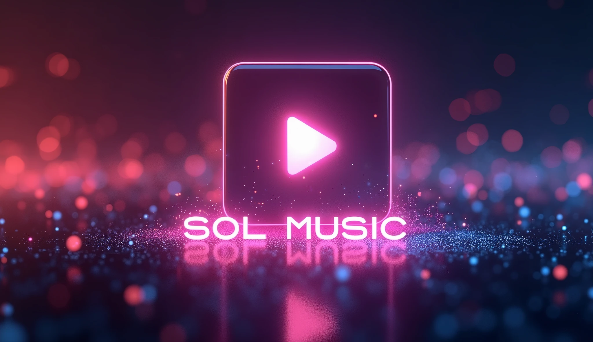 Play button with glowing background representing music, the words "Sol Music" (capitalized) below the play button