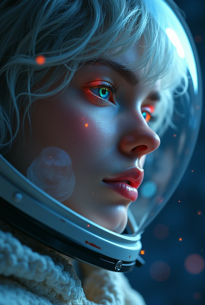 (Close-up of a better masterpiece:1.5)0.9], (Space and astronauts:1.2) (Messy silver hair:1.1) (Heterochromia xanthochromia and blue eyes:1.2) (Space Helmet:1.0) (Colored stars in the eyes:1.0) (A radiant glow:1.1) (thick lips:0.9)