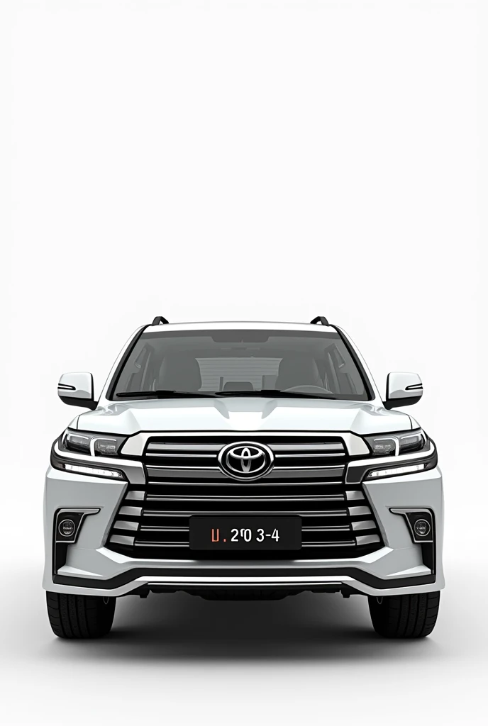 Landcruiser VXR White Dubai model car ,with "L 2 9 0 3 4 "Dubai NUMBER PLATE,White background,front Side view zoomed in view,white car, outside view number plate should be visible