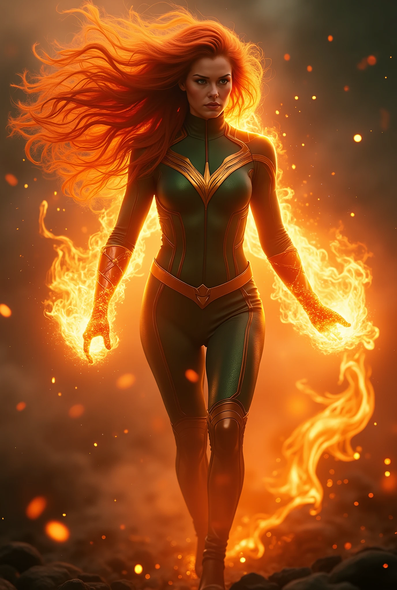 "Create a cinematic, award-winning masterpiece of digital photography featuring Jean Grey from X-Men in her Phoenix form. Jean exudes immense power and determination, her eyes glowing with the fiery intensity of the Phoenix Force. Her iconic red hair flows wildly around her, capturing the overwhelming energy and strength within.
Dressed in her signature green and gold Phoenix costume, she stands with an aura of fiery flames swirling around her, embodying the raw, cosmic power of the Phoenix. The digital photography captures the fierce yet graceful energy of Jean as she channels her powers, with the flames and light expertly rendered to enhance the dynamic flow of her fiery aura.
The background is dark and atmospheric, filled with shadows, swirling flames, and hints of cosmic energy that convey a sense of urgency and overwhelming power, reflecting the turbulent inner struggle she faces as the Phoenix. The composition should be visually stunning, capturing the intensity and majesty of Jean Grey’s transformation in a way that accentuates her beauty, strength, and the sheer force of her presence as the Phoenix, making it a true cinematic masterpiece."