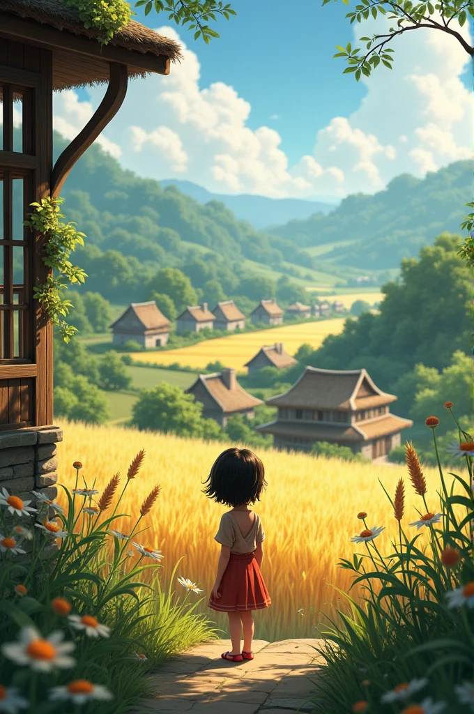 "A small village with rustic houses surrounded by fields and forests, with a curious young girl named Aisha standing at the edge, gazing at the landscape with wide, excited eyes."