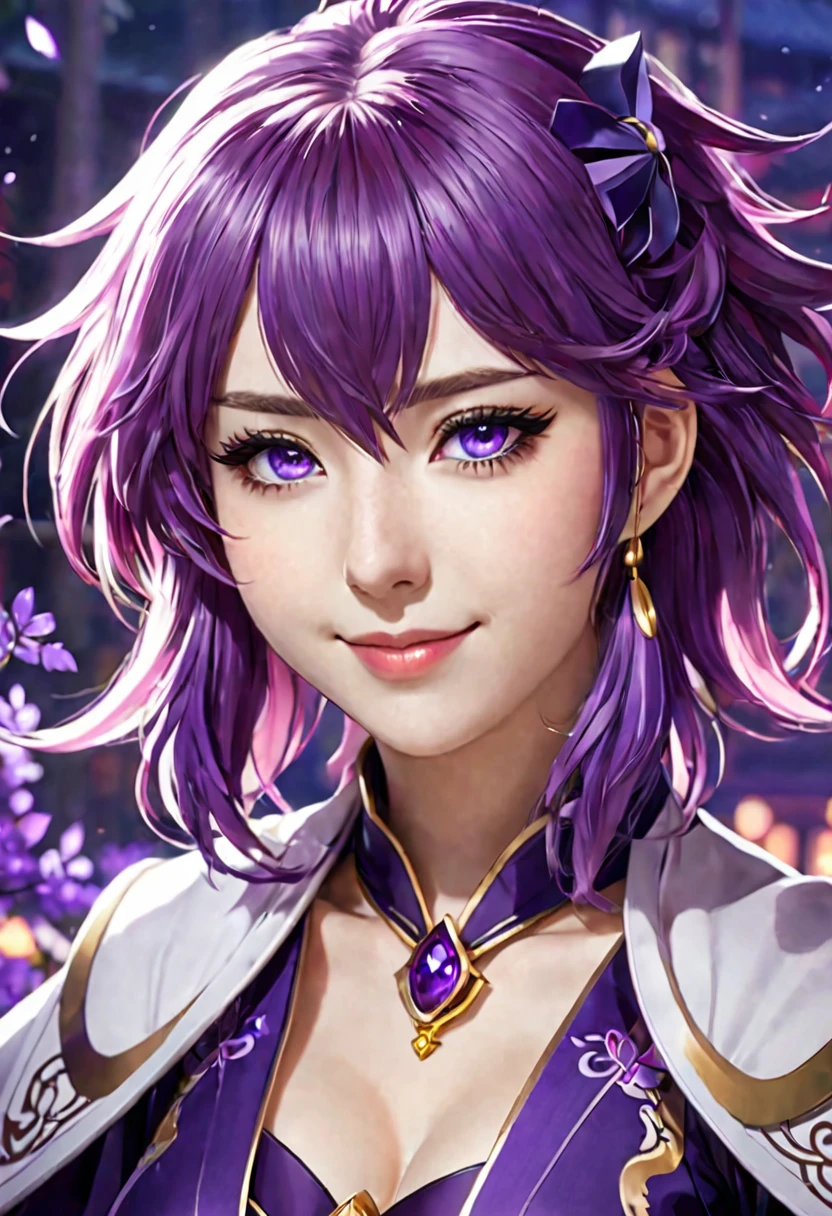 anime girl with purple hair and purple eyes in a purple outfit, ayaka 9portrayed by Scarlett Johannsson)  genshin impact, [[[[grinning evily]]]], akasuki voidstar, onmyoji portrait, hajime yatate, anime moe artstyle, portrait knights of zodiac girl, keqing from genshin impact, ayaka game genshin impact
