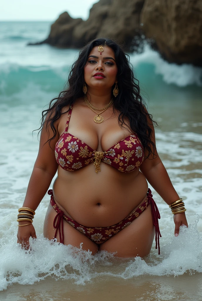 Wet CURVY FIT PAWG MARRIED INDIAN BRIDE, full body picture , BBW Wet curvy, wet Desi Bhabhi showing her big ass in sexy thong COW pattern bikini and showing cleavage and in nose ring, many Red & Gold bangles in hands,earings, necklace ,lipstick ,navel,Indian, Chubby, showing her curves in sea water, sea waves , rocks, Group of lesbian women, Henna Mehendi, with HUSBAND and CHILDREN 