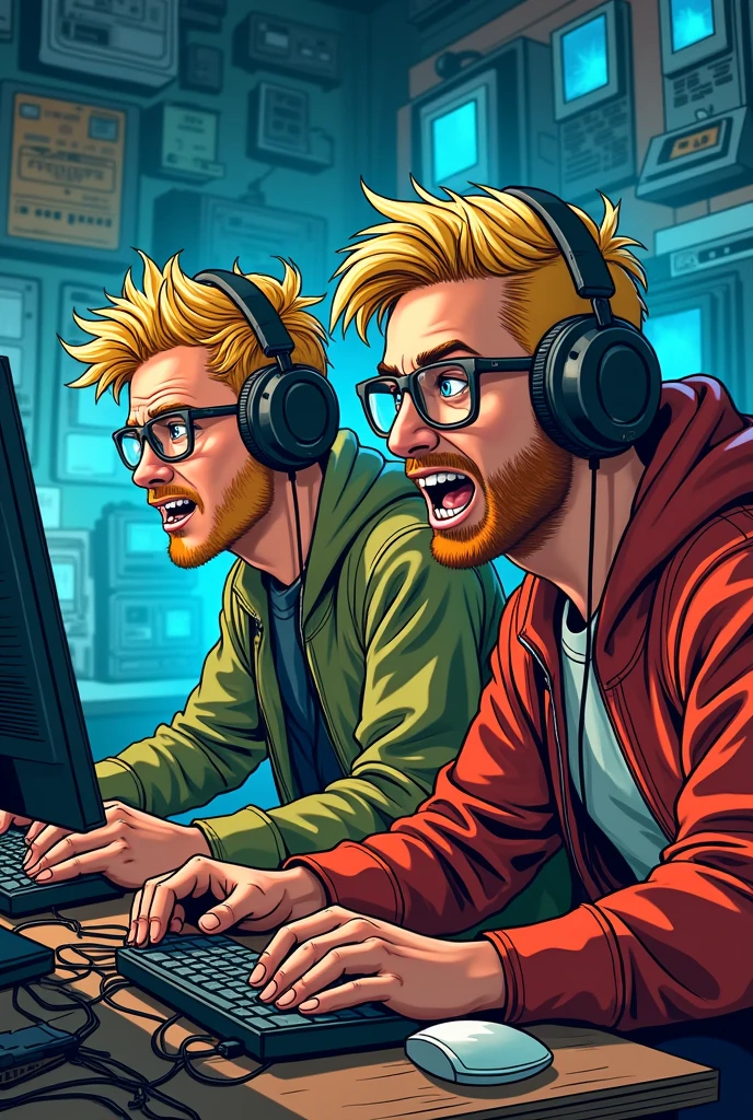 DC Comics style image, 2 nerdy man, blonde with short messy hair and glasses wearing cat-eye headsets, unshaven beard, playing on the computer with an inviting expression