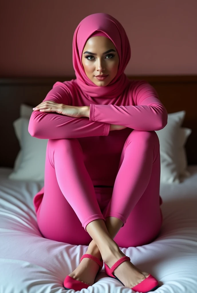 ((best quality)),pink hijab, leggings, long legs, sexy pose, pink high heels, g-string, feets to the camera, pointing feets to camera, domina pose, sitting on the bed, crossed legs, looking down