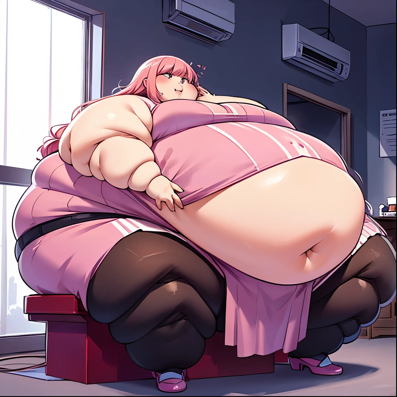 Extremely obese woman, wearing a loose pink dress, fat blob, far rolls, immobilized by her weight, very long wavy neon pink hair, a big belly, saggy belly, gluttony, hanging belly, sitting on a chair