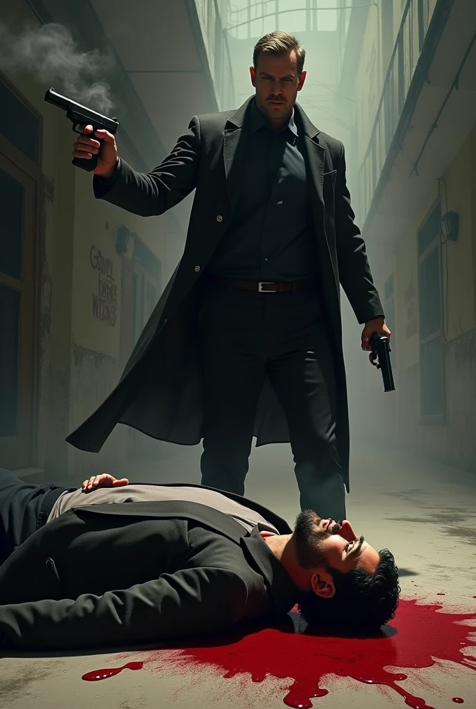 Homme qui tient un pistolet dans sa main, le pistolet fume, au pied de l'homme, il y a le cadavre d'un homme qui a une balle dans la tête et qui gît dans une flaque de sang, le cadavre a un petit trou qui saigne au millieu du front